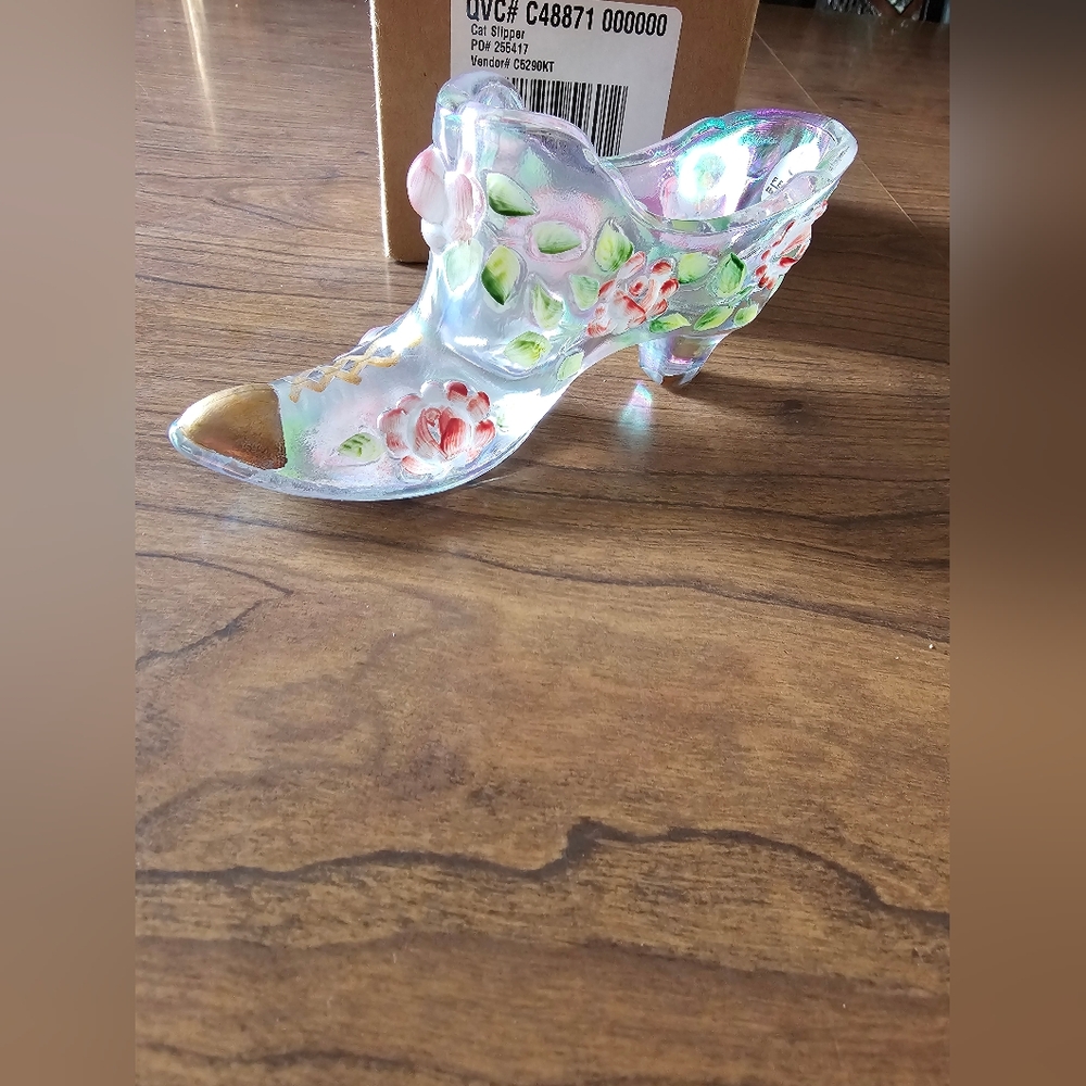 Vintage Fenton Iridescent Floral Hand Painted Glass Art Shoe